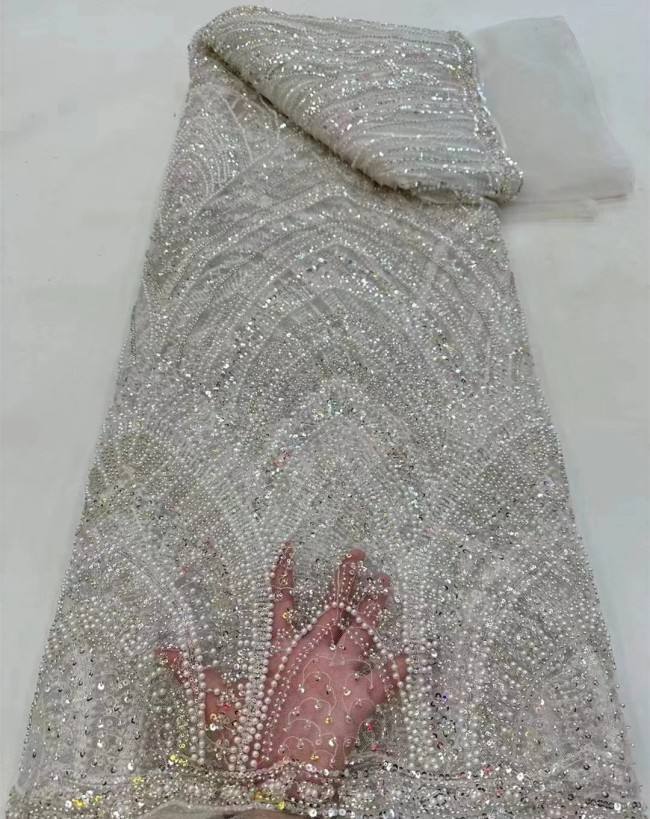 5 Yards Colorful Sequins Pearls Beaded Embroidered 3D Floral Lace Material Fabric For Dresses ZT095