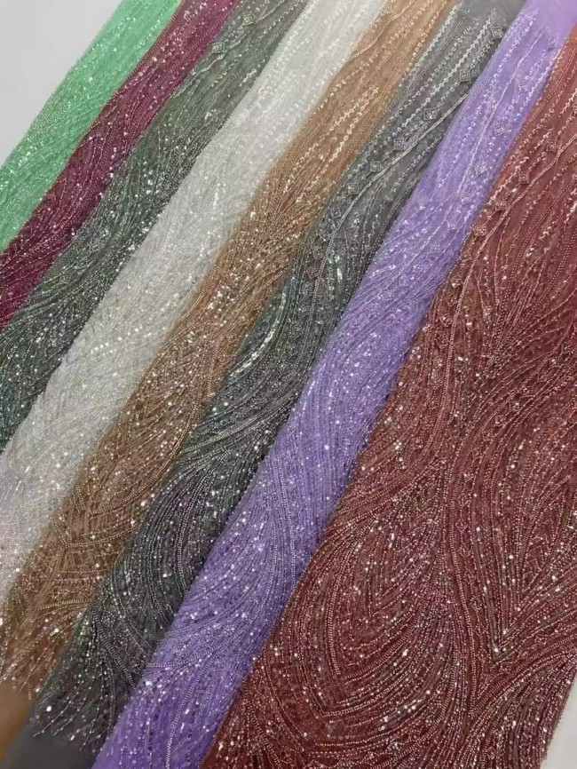 5 Yards Colorful Sequins Pearls Beaded Embroidered 3D Floral Lace Material Fabric For Dresses ZT105