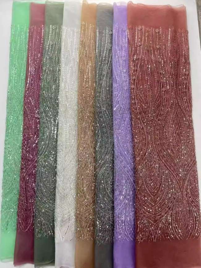 5 Yards Colorful Sequins Pearls Beaded Embroidered 3D Floral Lace Material Fabric For Dresses ZT105