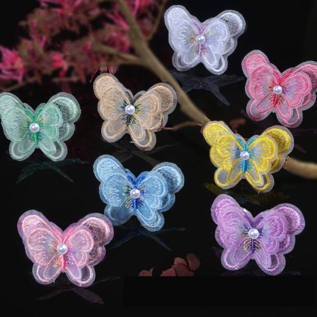 100 Pieces Pearl Beaded Embroidered 3D Butterfly Lace Applique Material For Dresses SK001