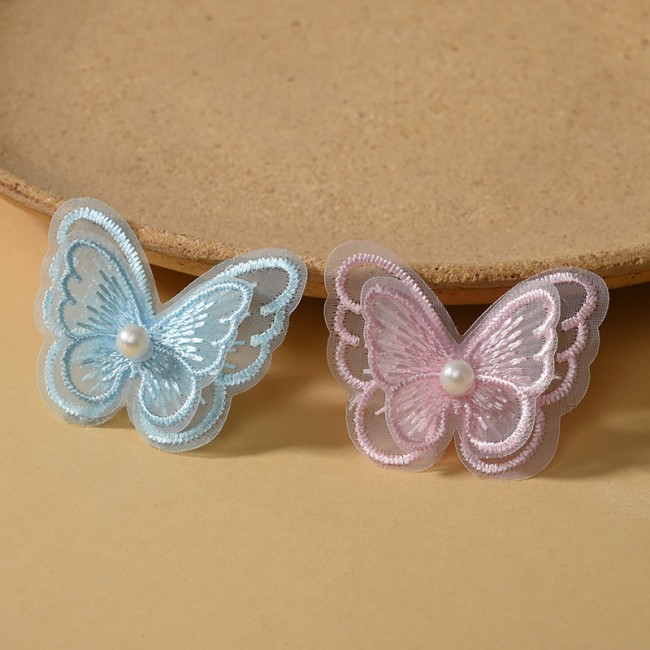 100 Pieces Pearl Beaded Embroidered 3D Butterfly Lace Applique Material For Dresses SK003