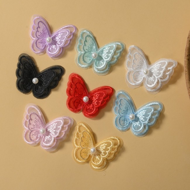 100 Pieces Pearl Beaded Embroidered 3D Butterfly Lace Applique Material For Dresses SK003