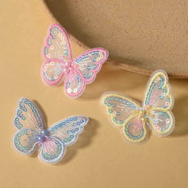 100 Pieces Pearl Beaded Embroidered 3D Butterfly Lace Applique Material For Dresses SK005