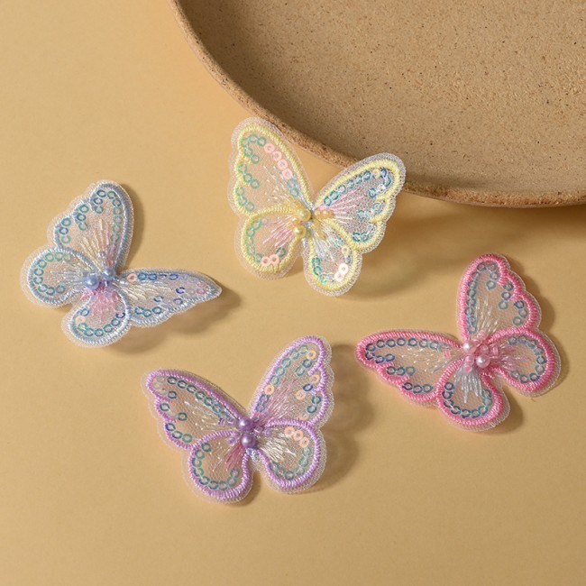 100 Pieces Pearl Beaded Embroidered 3D Butterfly Lace Applique Material For Dresses SK005