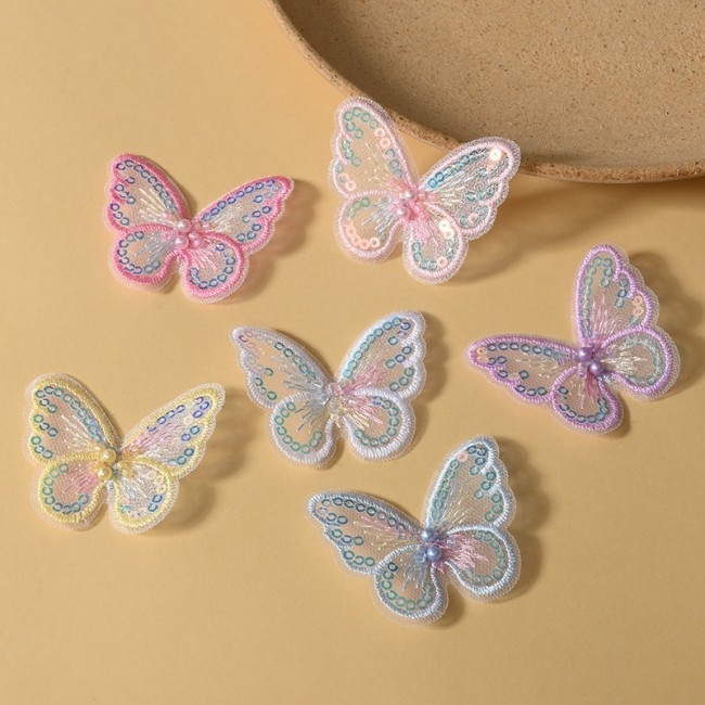 100 Pieces Pearl Beaded Embroidered 3D Butterfly Lace Applique Material For Dresses SK005