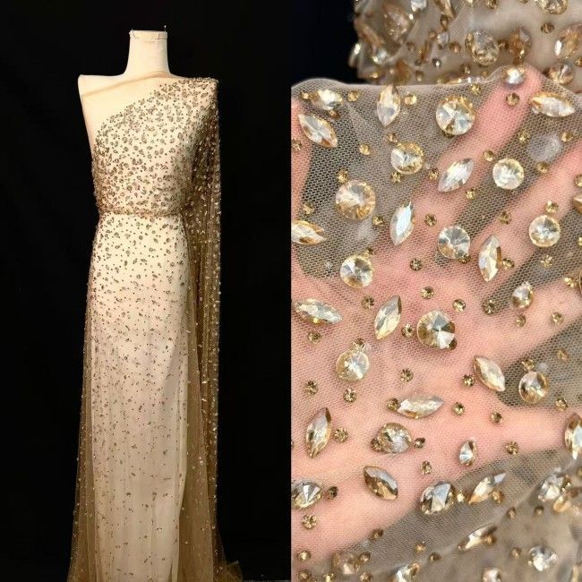 5 Yards Colorful Sequins Pearls Rhinestones Beaded Embroidered 3D Floral Lace Material Fabric For Dresses HN117