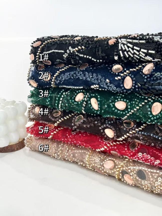 5 Yards Colorful Sequins Pearls Rhinestones Beaded Embroidered 3D Floral Lace Material Fabric For Dresses HN136