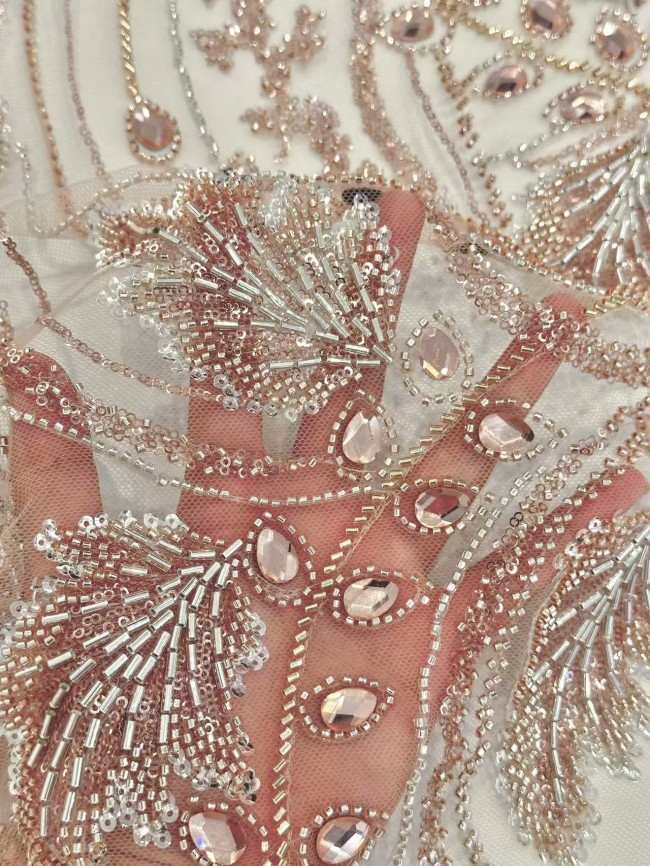 5 Yards Colorful Sequins Pearls Rhinestones Beaded Embroidered 3D Floral Lace Material Fabric For Dresses HN136