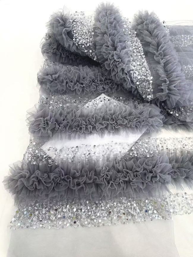 5 Yards Colorful Sequins Pearls Rhinestones Beaded Embroidered 3D Floral Lace Material Fabric For Dresses HN141