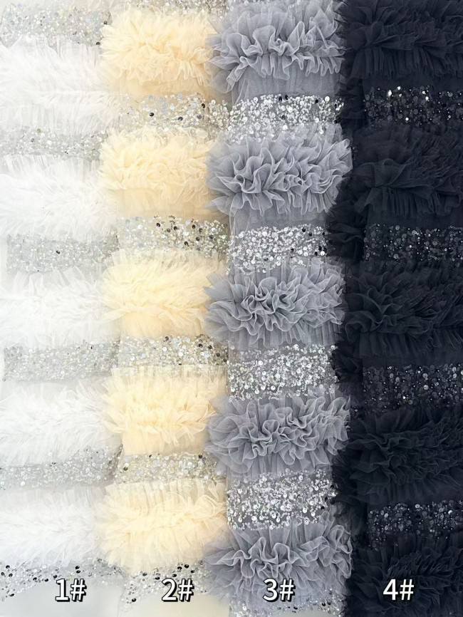 5 Yards Colorful Sequins Pearls Rhinestones Beaded Embroidered 3D Floral Lace Material Fabric For Dresses HN141