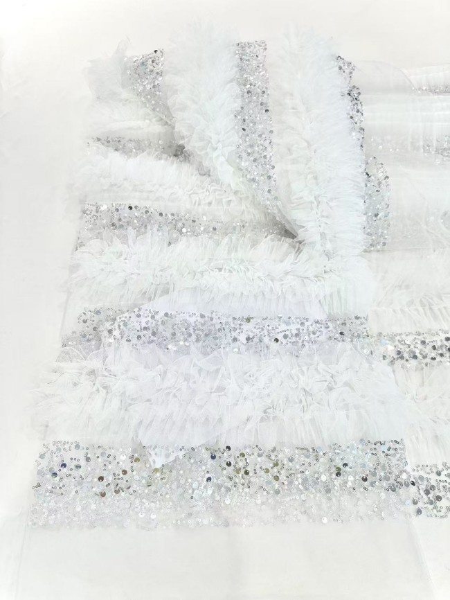 5 Yards Colorful Sequins Pearls Rhinestones Beaded Embroidered 3D Floral Lace Material Fabric For Dresses HN141