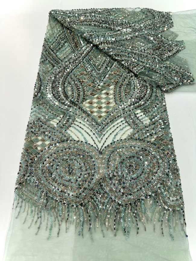 5 Yards Colorful Sequins Pearls Rhinestones Beaded Embroidered 3D Floral Lace Material Fabric For Dresses HN155