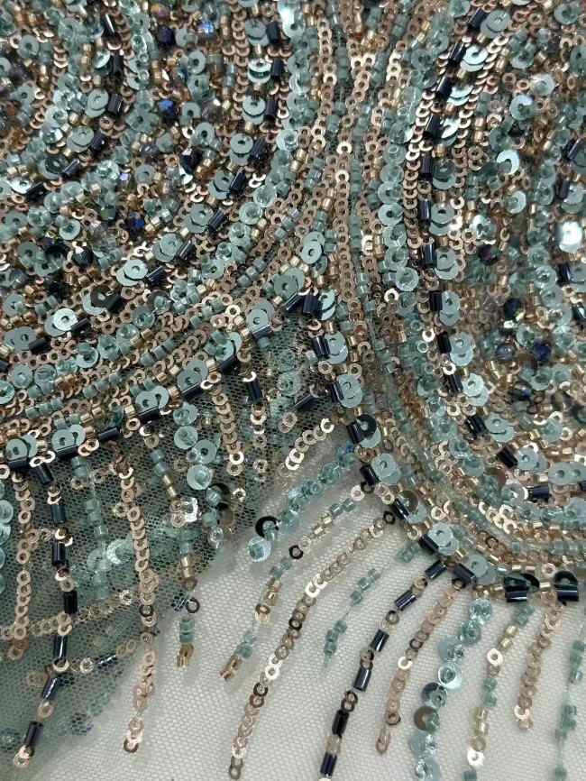 5 Yards Colorful Sequins Pearls Rhinestones Beaded Embroidered 3D Floral Lace Material Fabric For Dresses HN155