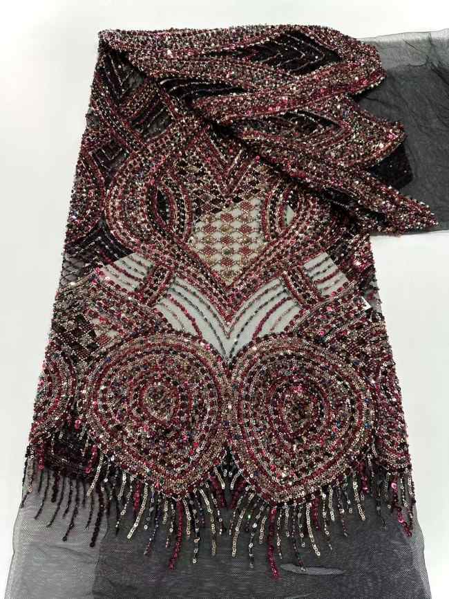 5 Yards Colorful Sequins Pearls Rhinestones Beaded Embroidered 3D Floral Lace Material Fabric For Dresses HN155