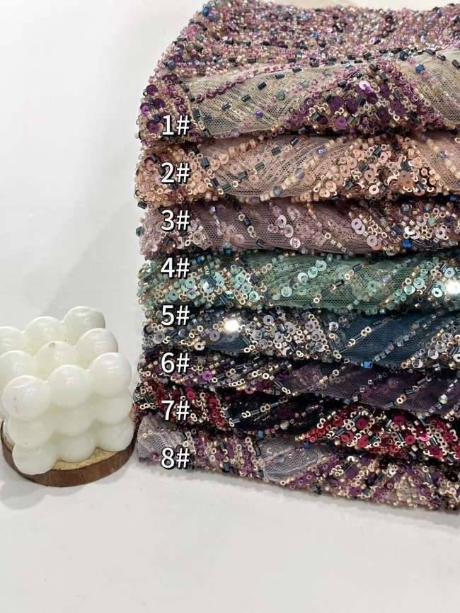 5 Yards Colorful Sequins Pearls Rhinestones Beaded Embroidered 3D Floral Lace Material Fabric For Dresses HN155