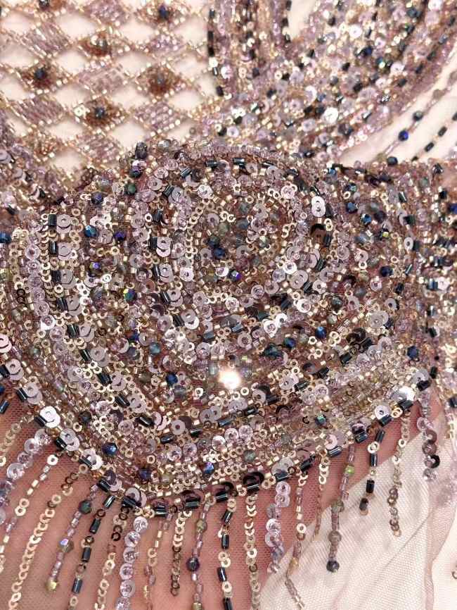 5 Yards Colorful Sequins Pearls Rhinestones Beaded Embroidered 3D Floral Lace Material Fabric For Dresses HN155