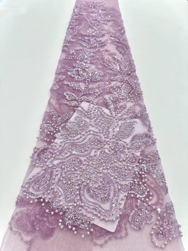 5 Yards Colorful Sequins Pearls Rhinestones Beaded Embroidered 3D Floral Lace Material Fabric For Dresses HN159