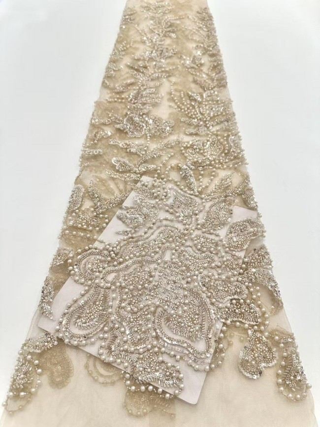 5 Yards Colorful Sequins Pearls Rhinestones Beaded Embroidered 3D Floral Lace Material Fabric For Dresses HN159
