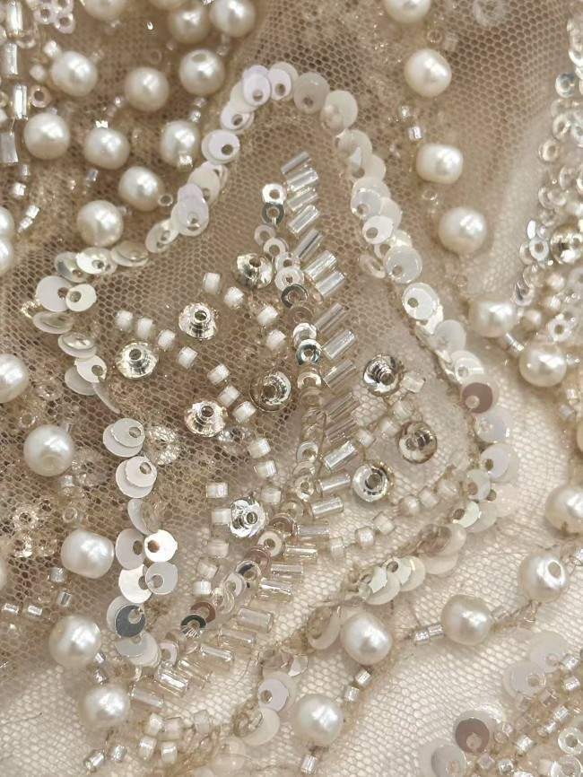 5 Yards Colorful Sequins Pearls Rhinestones Beaded Embroidered 3D Floral Lace Material Fabric For Dresses HN159