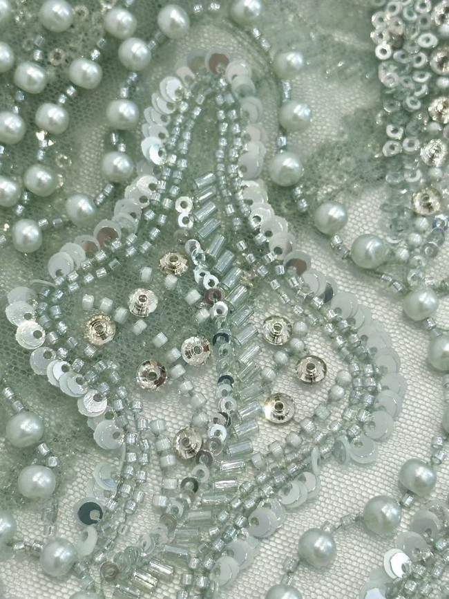 5 Yards Colorful Sequins Pearls Rhinestones Beaded Embroidered 3D Floral Lace Material Fabric For Dresses HN159