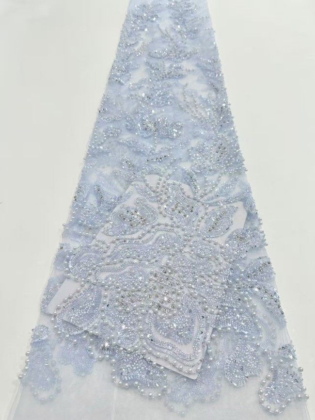 5 Yards Luxury Heavy Pearls Rhinestones Beaded Lace Material Fabric For Dresses