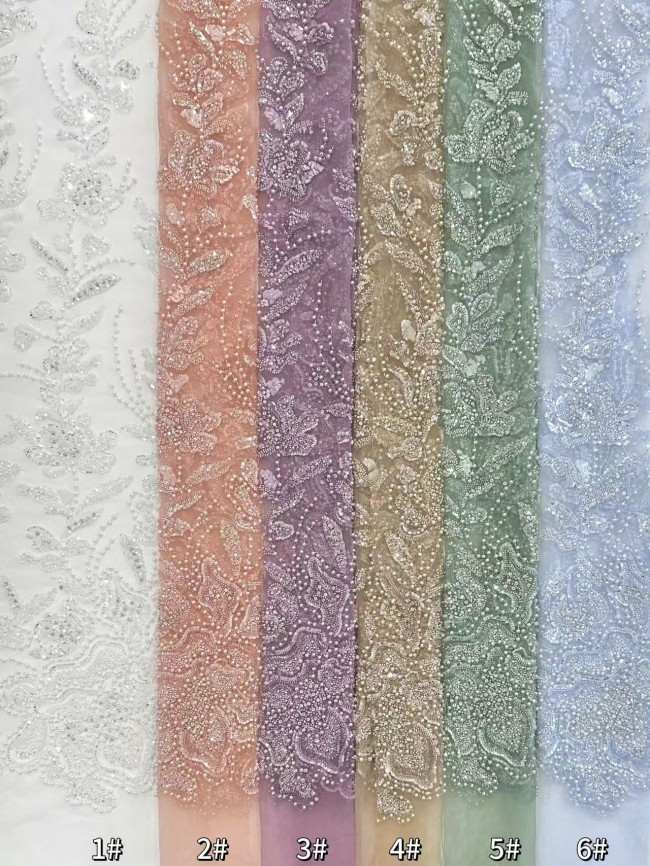 5 Yards Colorful Sequins Pearls Rhinestones Beaded Embroidered 3D Floral Lace Material Fabric For Dresses HN159