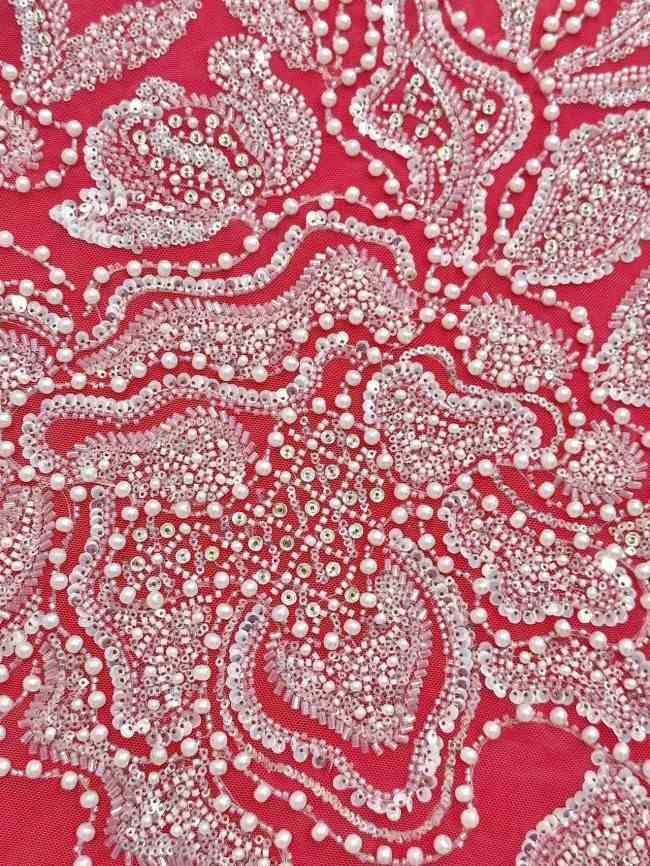 5 Yards Colorful Sequins Pearls Rhinestones Beaded Embroidered 3D Floral Lace Material Fabric For Dresses HN159
