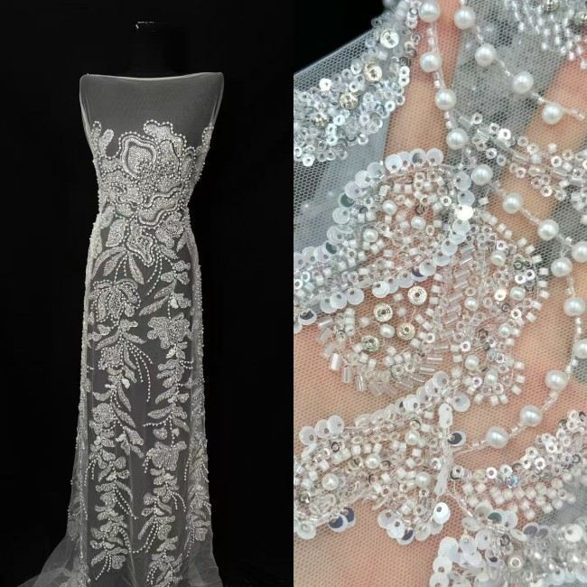 5 Yards Colorful Sequins Pearls Rhinestones Beaded Embroidered 3D Floral Lace Material Fabric For Dresses HN159