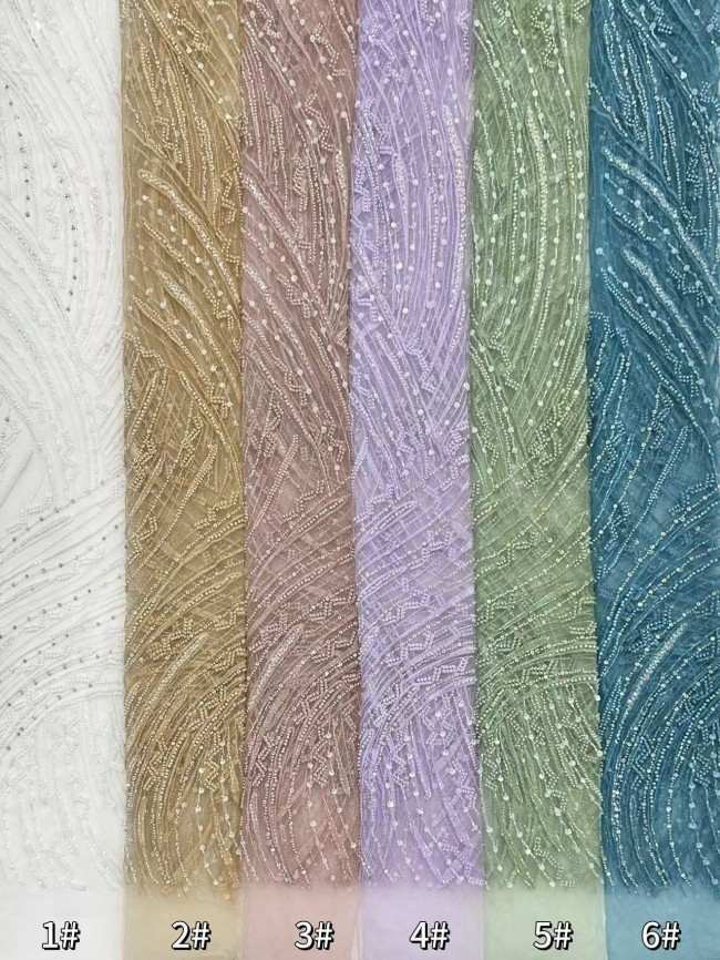 5 Yards Colorful Sequins Pearls Rhinestones Beaded Embroidered 3D Floral Lace Material Fabric For Dresses HN160