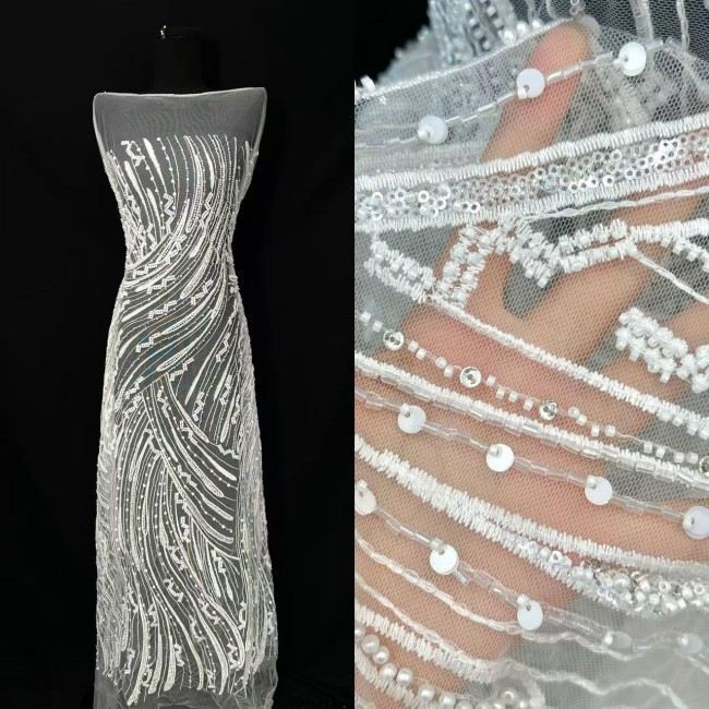 5 Yards Colorful Sequins Pearls Rhinestones Beaded Embroidered 3D Floral Lace Material Fabric For Dresses HN160