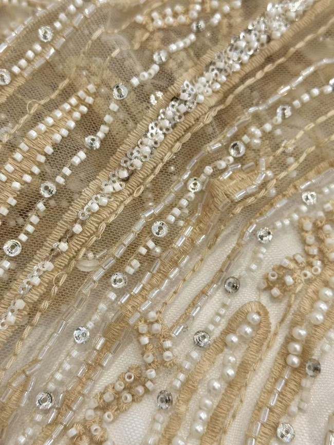 5 Yards Colorful Sequins Pearls Rhinestones Beaded Embroidered 3D Floral Lace Material Fabric For Dresses HN160