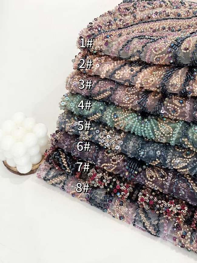 5 Yards Colorful Sequins Pearls Rhinestones Beaded Embroidered 3D Floral Lace Material Fabric For Dresses HN168