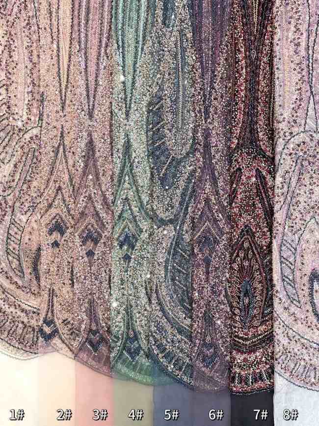 5 Yards Colorful Sequins Pearls Rhinestones Beaded Embroidered 3D Floral Lace Material Fabric For Dresses HN168