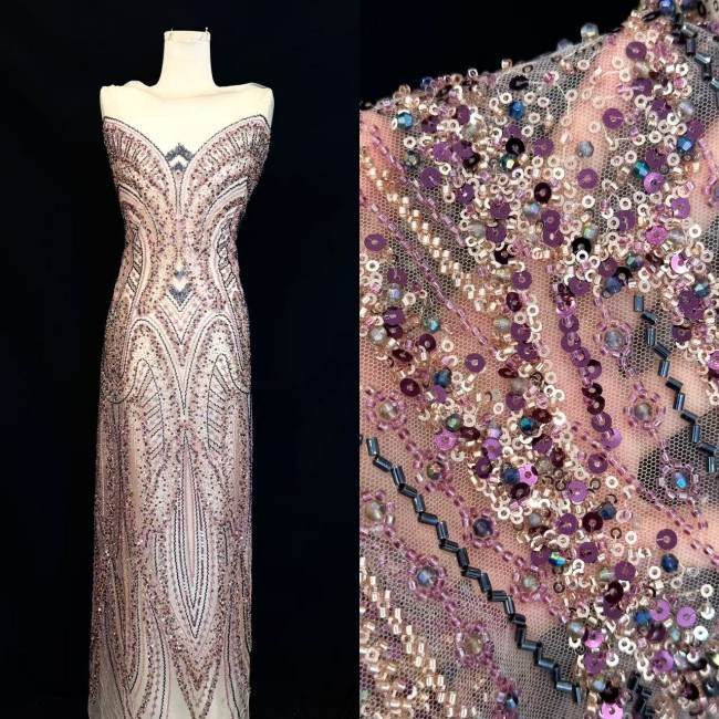 5 Yards Colorful Sequins Pearls Rhinestones Beaded Embroidered 3D Floral Lace Material Fabric For Dresses HN168