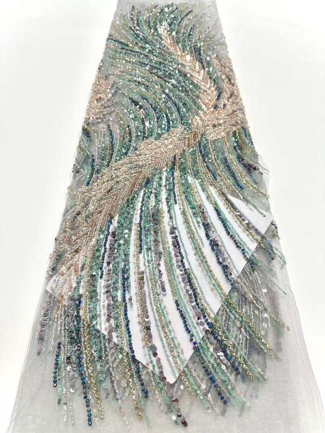 5 Yards Colorful Sequins Pearls Rhinestones Beaded Embroidered 3D Floral Lace Material Fabric For Dresses HN171