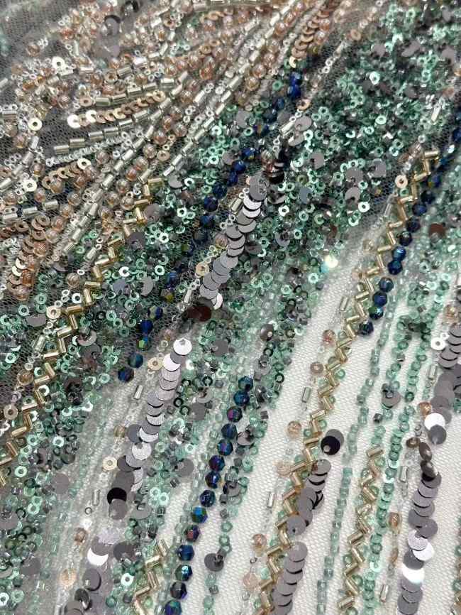 5 Yards Colorful Sequins Pearls Rhinestones Beaded Embroidered 3D Floral Lace Material Fabric For Dresses HN171