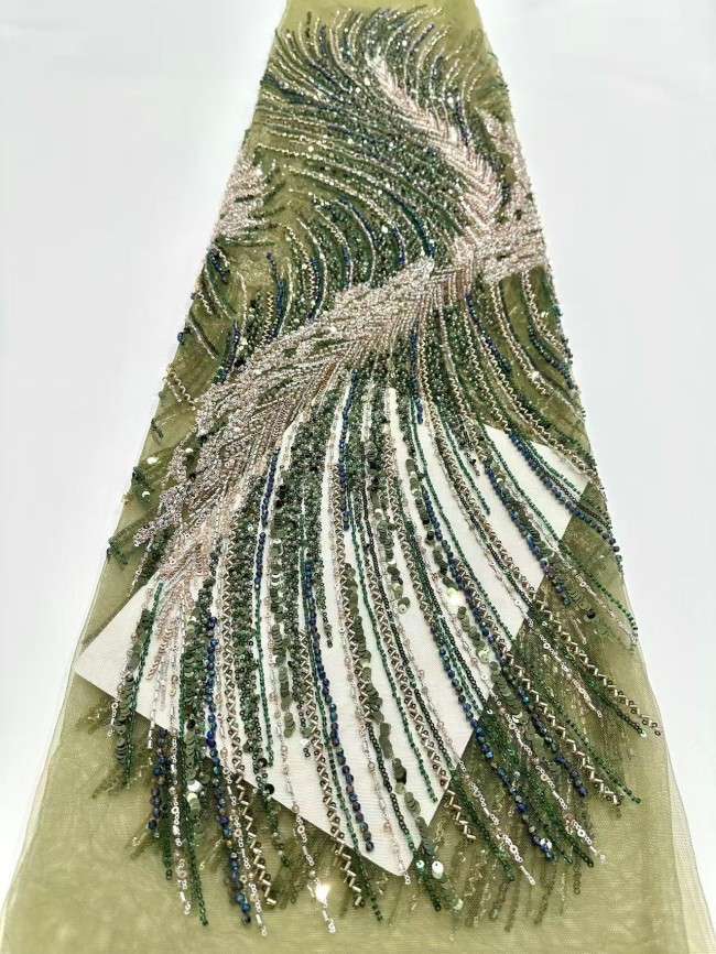 5 Yards Colorful Sequins Pearls Rhinestones Beaded Embroidered 3D Floral Lace Material Fabric For Dresses HN171
