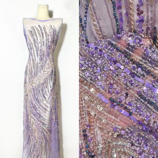 5 Yards Colorful Sequins Pearls Rhinestones Beaded Embroidered 3D Floral Lace Material Fabric For Dresses HN171