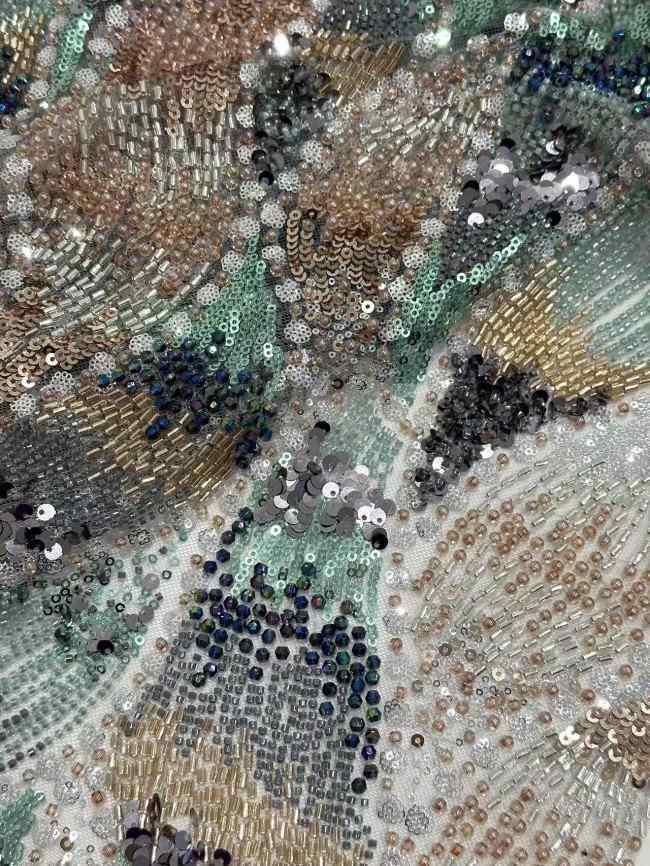 5 Yards Colorful Sequins Pearls Rhinestones Beaded Embroidered 3D Floral Lace Material Fabric For Dresses HN172
