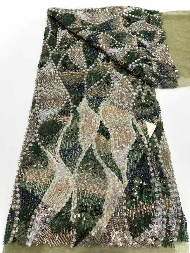 5 Yards Colorful Sequins Pearls Rhinestones Beaded Embroidered 3D Floral Lace Material Fabric For Dresses HN172
