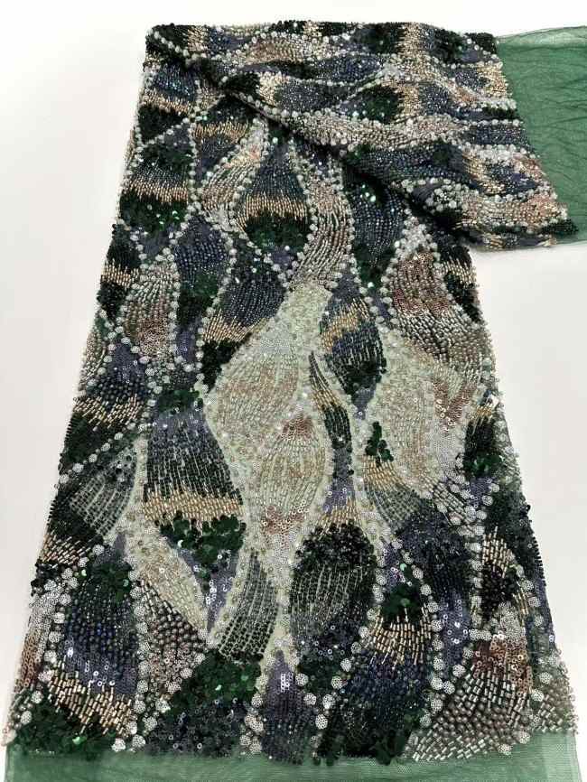 5 Yards Colorful Sequins Pearls Rhinestones Beaded Embroidered 3D Floral Lace Material Fabric For Dresses HN172