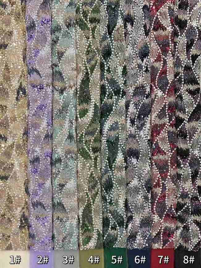 5 Yards Colorful Sequins Pearls Rhinestones Beaded Embroidered 3D Floral Lace Material Fabric For Dresses HN172