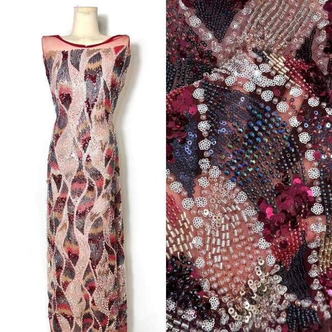 5 Yards Colorful Sequins Pearls Rhinestones Beaded Embroidered 3D Floral Lace Material Fabric For Dresses HN172