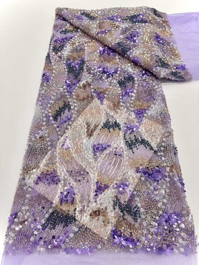 5 Yards Colorful Sequins Pearls Rhinestones Beaded Embroidered 3D Floral Lace Material Fabric For Dresses HN172