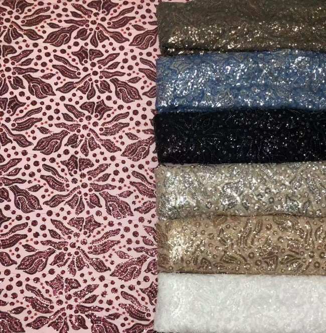 5 Yards Colorful Sequins Pearls Rhinestones Beaded Embroidered 3D Floral Lace Material Fabric For Dresses HN175