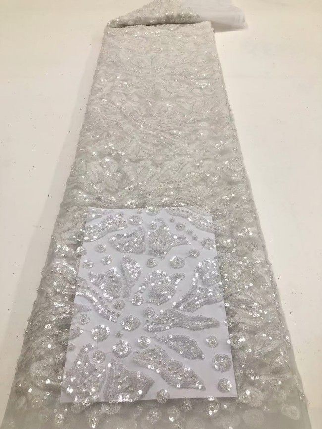 5 Yards Colorful Sequins Pearls Rhinestones Beaded Embroidered 3D Floral Lace Material Fabric For Dresses HN175