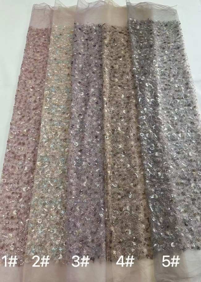 5 Yards Colorful Sequins Pearls Rhinestones Beaded Embroidered 3D Floral Lace Material Fabric For Dresses HN178