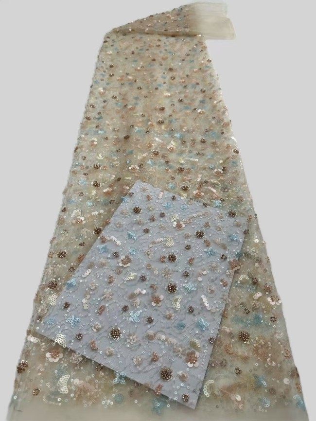 5 Yards Colorful Sequins Pearls Rhinestones Beaded Embroidered 3D Floral Lace Material Fabric For Dresses HN178