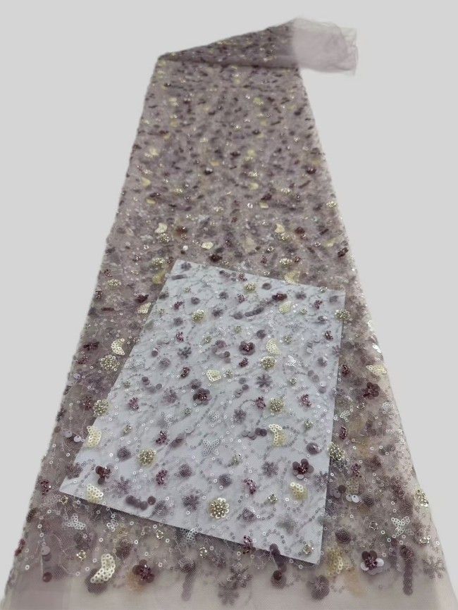 5 Yards Colorful Sequins Pearls Rhinestones Beaded Embroidered 3D Floral Lace Material Fabric For Dresses HN178