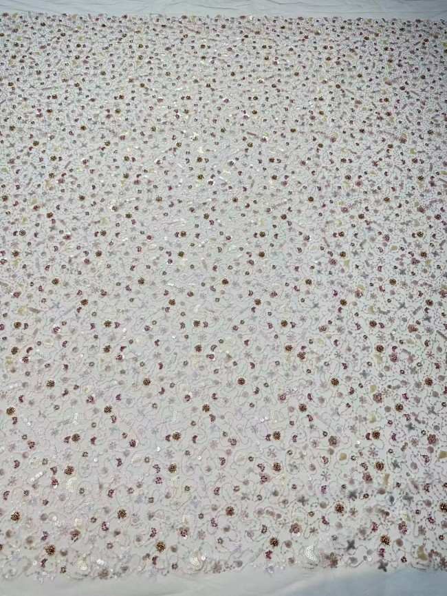 5 Yards Colorful Sequins Pearls Rhinestones Beaded Embroidered 3D Floral Lace Material Fabric For Dresses HN178